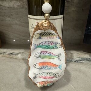 Handmade Oyster Decoupage Shell Fish Decor with Gold Accents